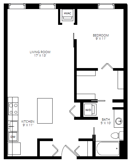 A black and white image of a floor plan for a small apartment.